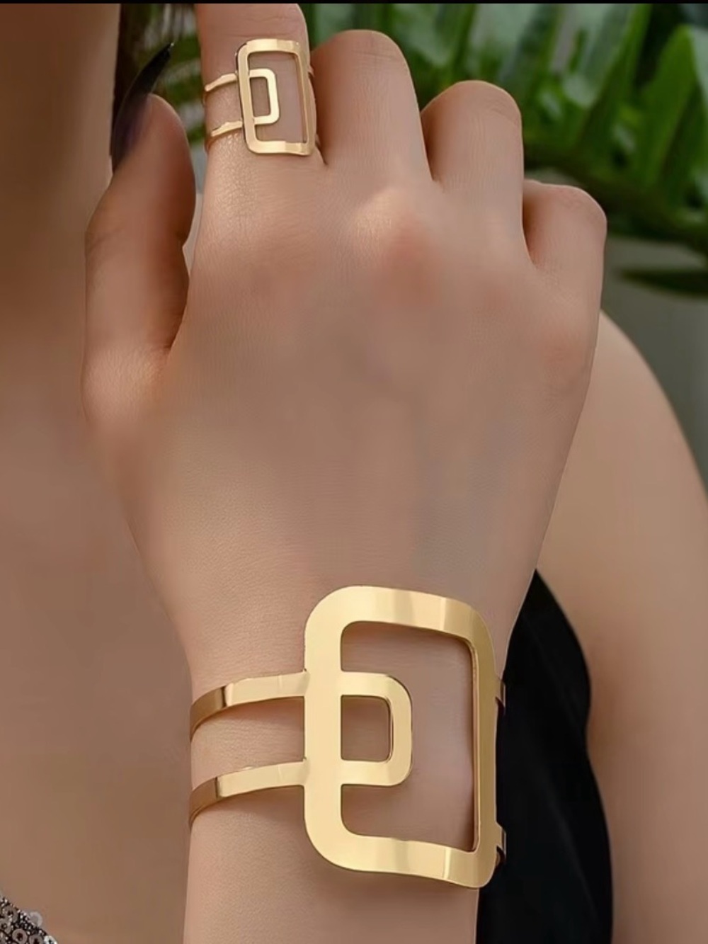 Elegant Gold Geometric Bracelet and Ring Set - Women Jewelry